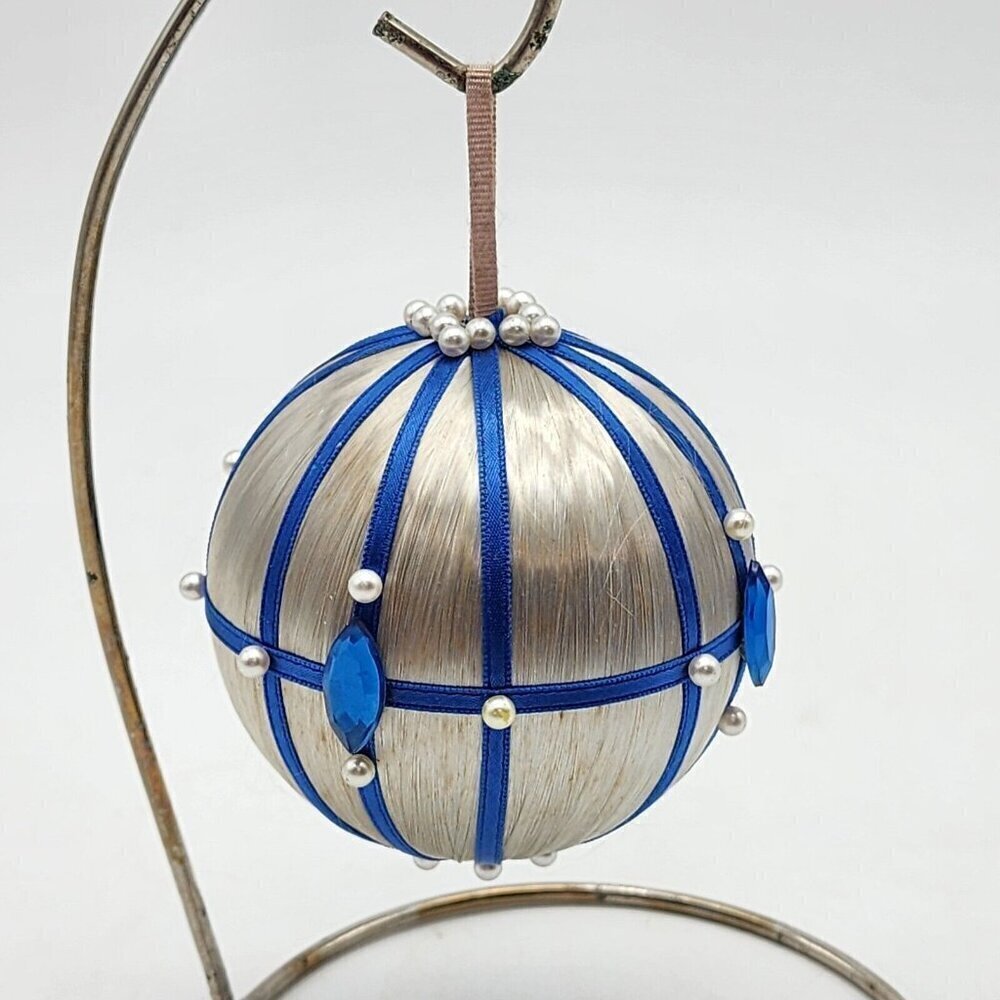 Vintage Push Pin Christmas Ornament Ball Silver Satin Blue Rhinestones MCM
